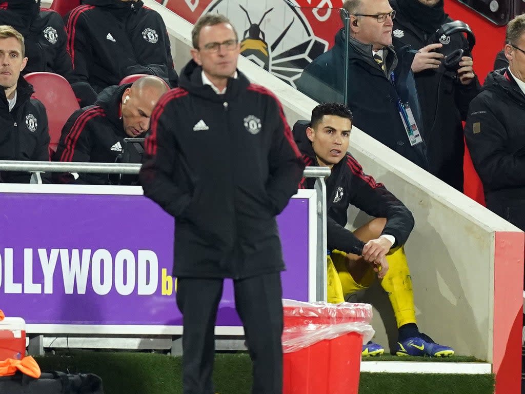 Cristiano Ronaldo watches on from the sidelines (PA)