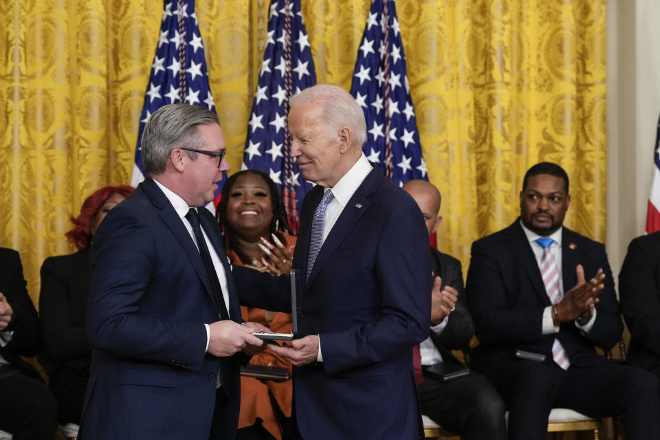 President Biden presents a Presidential Citizens Medal to Albert Smith, a Republican former Philadelphia election commissioner, in the East Room of the White House on Jan. 6, 2023.