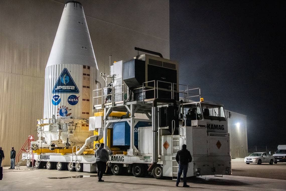 The United Launch Alliance Atlas V payload fairing containing the NOAA Joint Polar Satellite System-2 (JPSS-2) is readied for its move to the vertical integration facility at Space Launch Complex 3 at Vandenberg Space Force Base near Lompoc.