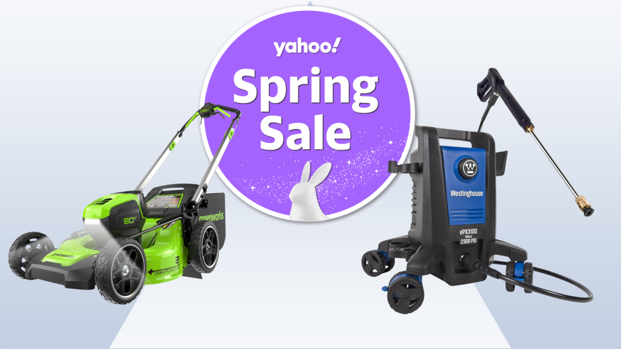 lawn mower and pressure washer with spring sale badge