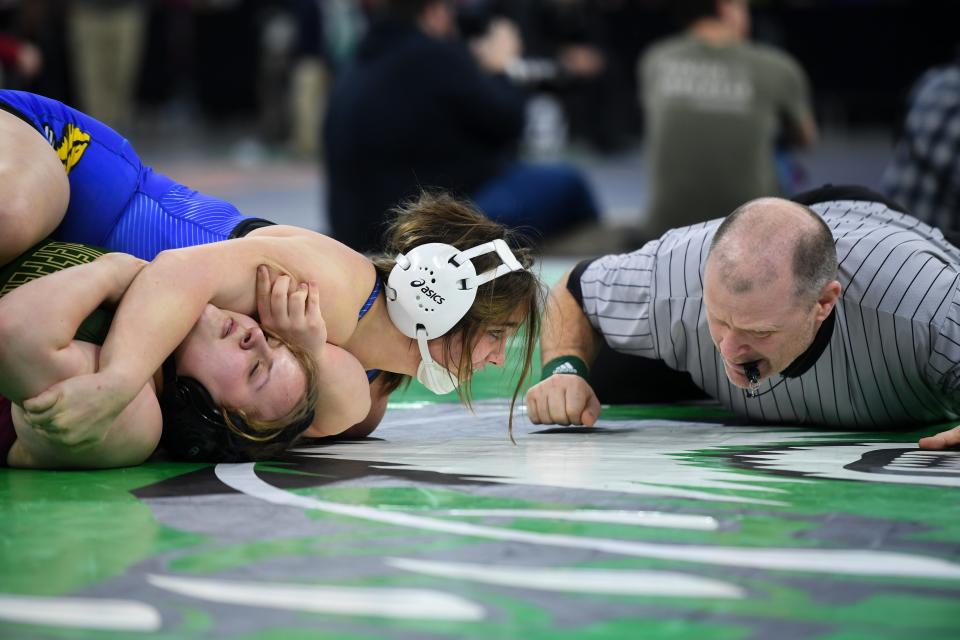 Canton senior Kiara King earned her first state title with a pin on Saturday, Feb. 24, 2024 at the Denny Sanford Premier Center in Sioux Falls.