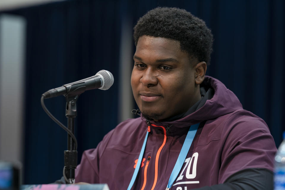 South Carolina OT Dennis Daley talks at the 2019 NFL Combine (Getty Images)