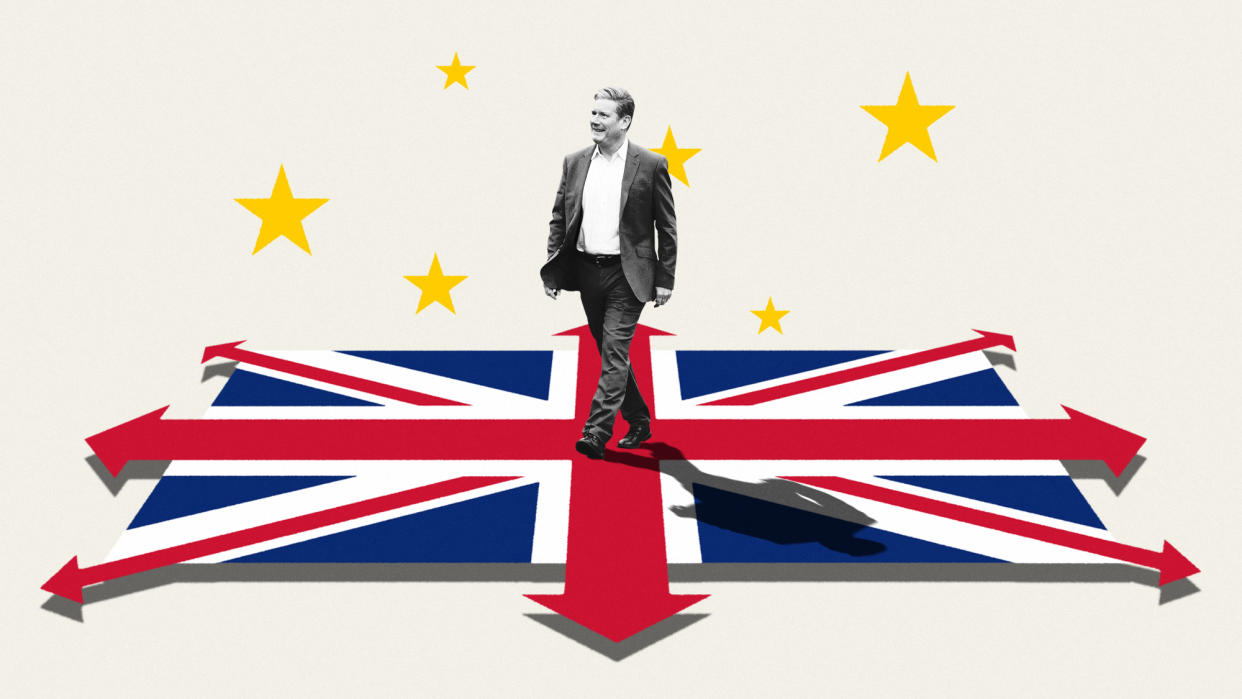  Keir Starmer walking across a Union Jack flag with arrows pointing in different directions. 