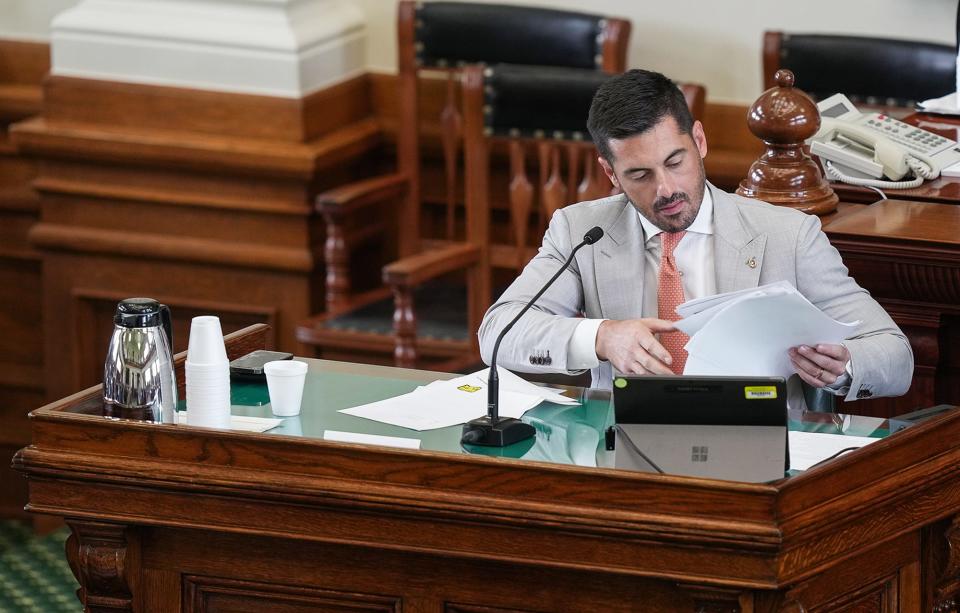 Brandon Cammack testifies in the Senate chamber at the Texas State Capitol in Austin on the 6th day of the impeachment trial of Texas Attorney General Ken Paxton on Tuesday, September 12, 2023. Paxton pleaded not guilty last week to numerous articles of impeachment.
