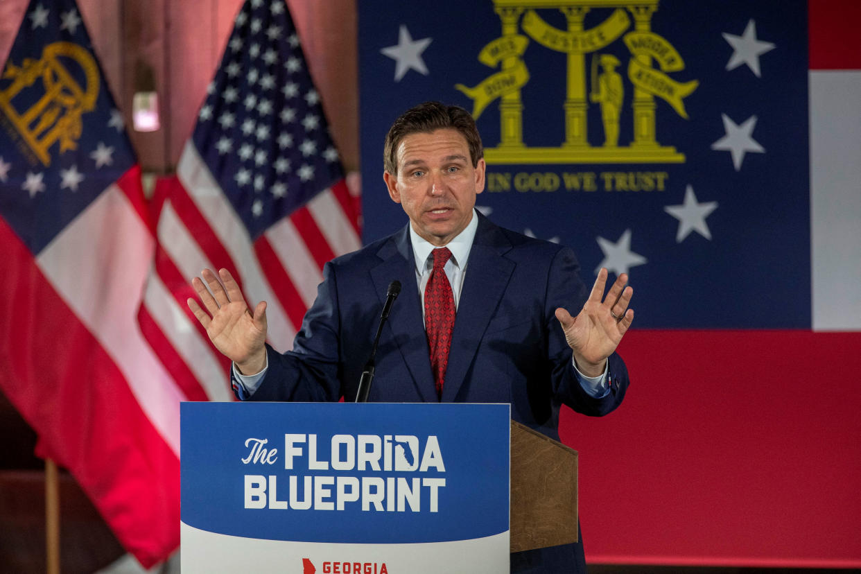 Florida Governor Ron DeSantis speaks during a book tour visit at Adventure Outdoors gun shop in Smyrna, Georgia, U.S. March 30, 2023. REUTERS/Alyssa Pointer