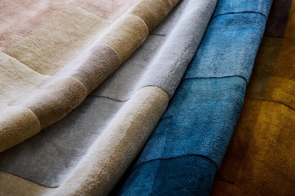 The Keelan rug in Slip, Sterling, Lagoon and Burnt Umber by Shiir 