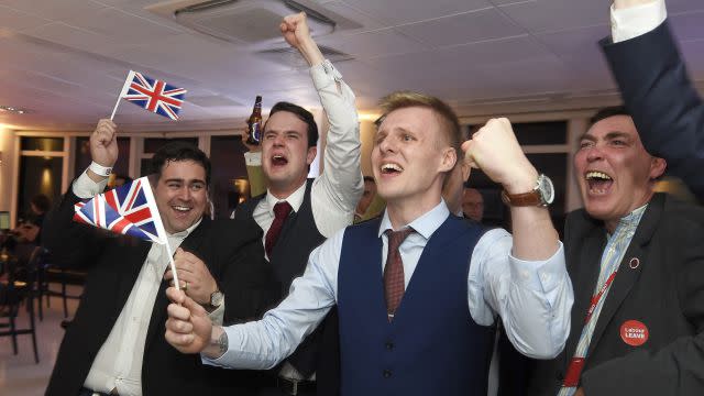 Leave supporters cheer results at a Leave.eu party after polling stations closed in the Referendum on the European Union in London