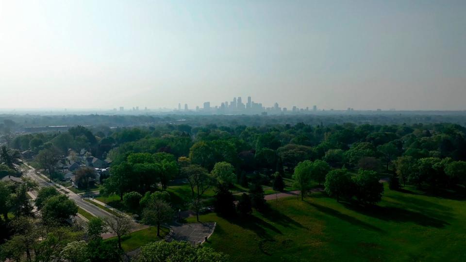 PHOTO: Wildfire smoke hangs over the Minneapolis skyline, May 13, 2024.  (Mark Vancleave/AP)