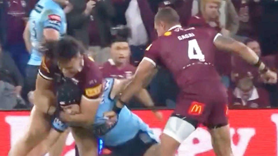 NSW coach Brad Fittler says Maroons forward Tino Fa'asuamaleaui got off way too lightly for his part in the Origin III melee. Pic: Ch9