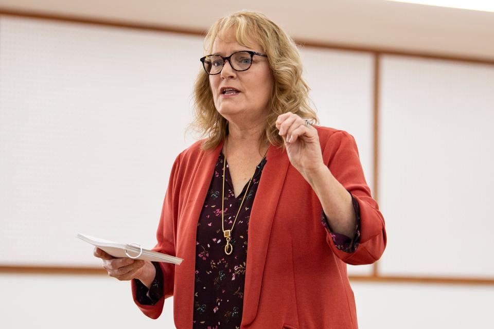 Roxanne Beltz, a candidate for Polk County commissioner, answers questions at the Polk County Fairgrounds in Rickreall.