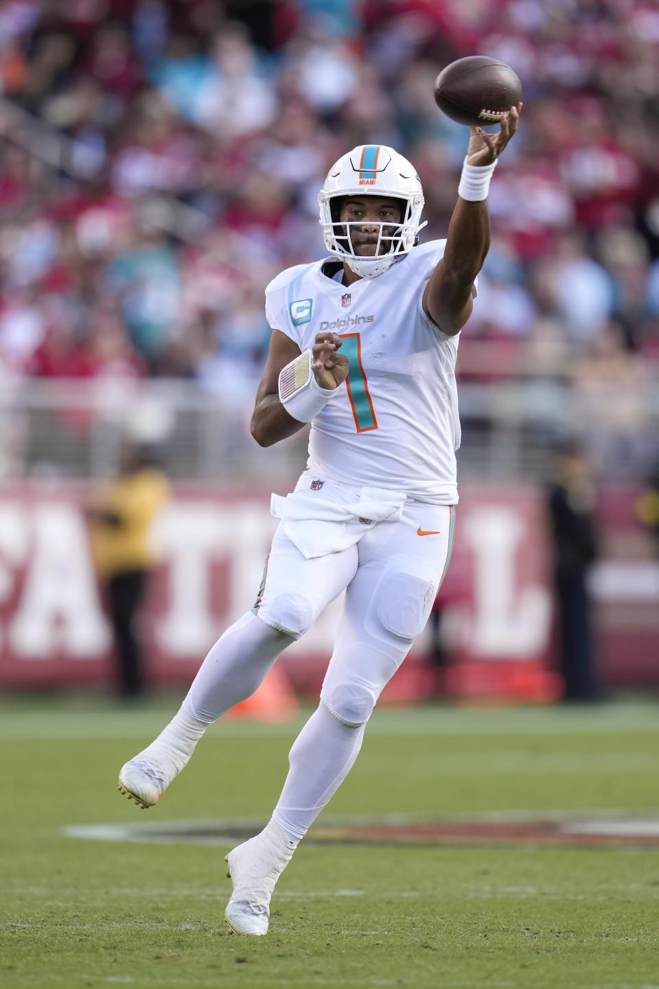 Miami Dolphins quarterback Tua Tagovailoa (1) passes against the San Francisco 49ers during the first half of an NFL football game in Santa Clara, Calif., Sunday, Dec. 4, 2022. (AP Photo/Godofredo A. Vásquez)