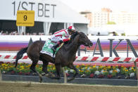 Jose Ortiz atop Early Voting wins the 147th running of the Preakness Stakes horse race at Pimlico Race Course, Saturday, May 21, 2022, in Baltimore. (AP Photo/Julio Cortez)