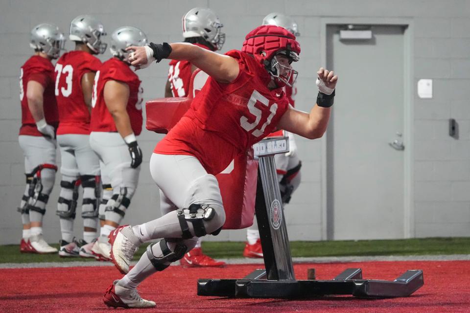 Mar 5, 2024; Columbus, OH, USA; Ohio State Buckeyes offensive lineman Luke Montgomery (51) runs during the first spring practice at the Woody Hayes Athletic Center.