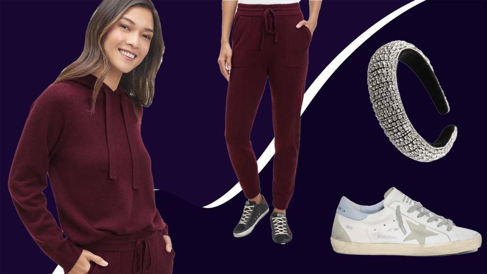 Keep things cozy and chic with the help of this berry cashmere sweatsuit and glitter accessories.