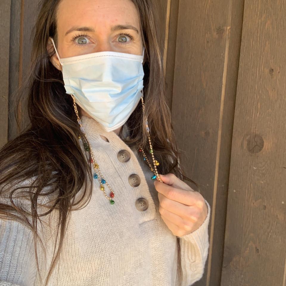 wearing my lanyard to dress up my plain surgical mask (Katie Jackson / TODAY)