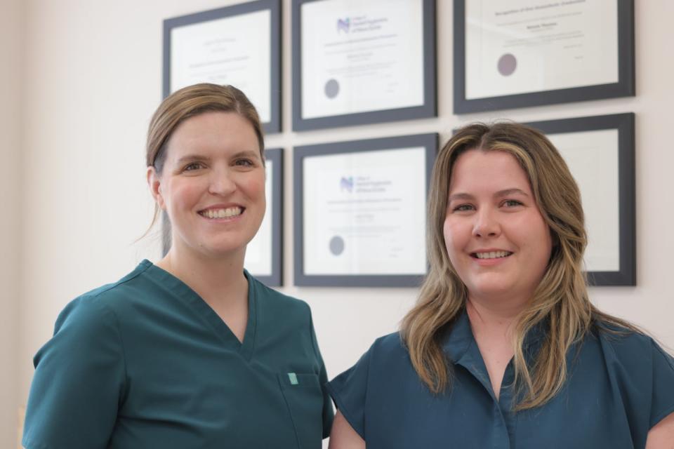 Melanie Thornton, left, and Fallon Phillips are independent dental hygienists and the co-owners of the Vivid Dental Hygiene Studio in Bedford, Nova Scotia. As of May 2024, Phillips has been practicing dental hygiene for 8 years, and Thornton for 18 years. 
