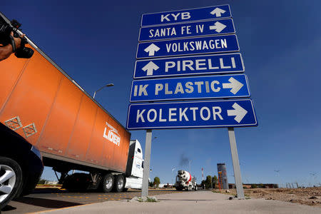 A sign with companies' names is pictured inside the Santa Fe Industrial Park in Silao, in Guanajuato state, Mexico, November 8, 2017. REUTERS/Edgard Garrido