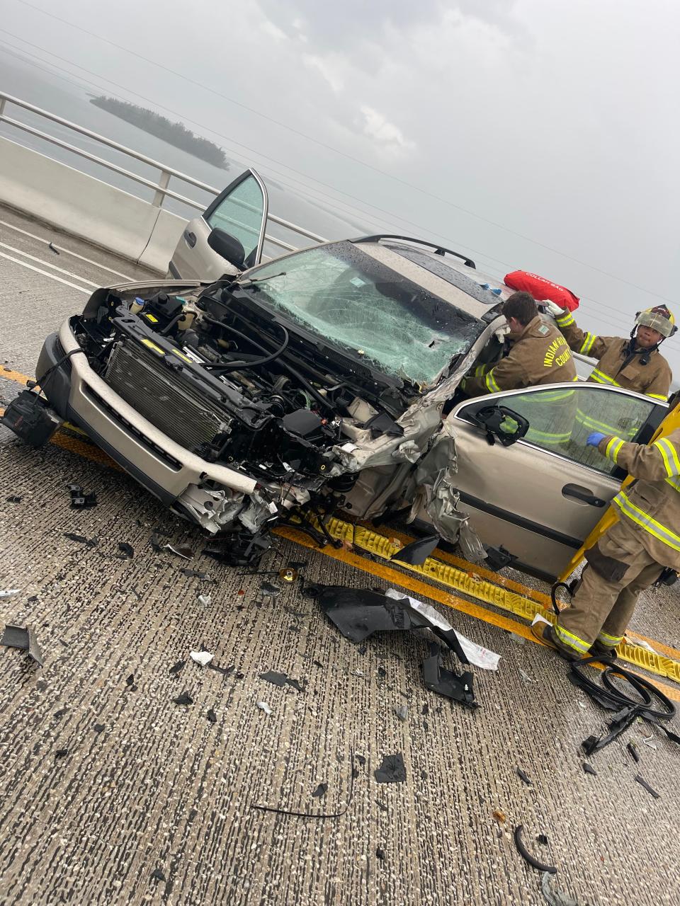 The driver of a gold Volvo sport utility vehicle was taken to HCA Florida Lawnwood Hospital by Indian River County Fire Rescue crews after a head-on collision on the Alma Lee Loy Bridge Wednesday, fire and police officials said.