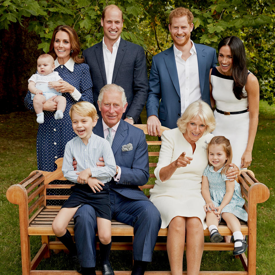 Charles and Camilla pose with Prince William and his wife Catherine' and their three kids: George, Charlotte and Louis at Charles' 70th birthday party. (Chris Jackson / Clarence House/Getty Images)