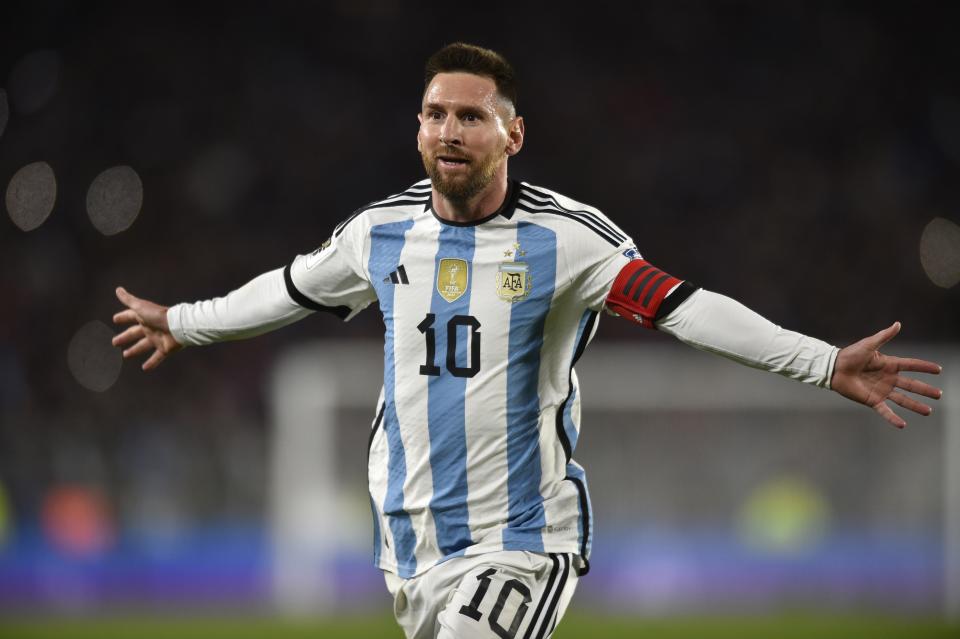 FILE -Argentina's Lionel Messi, celebrates scoring his side's first goal against Ecuador during a qualifying soccer match for the FIFA World Cup 2026, at Monumental stadium in Buenos Aires, Argentina, Thursday, Sept. 7, 2023. On Monday, Dec. 11, 2023 the California-based tech giant released its annual “Year in Search,” which includes top global inquires ranging from 2023's unforgettable pop culture moments (hello, Barbenheimer), to the loss of beloved figures and tragic news carrying worldwide repercussions. (AP Photo/Gustavo Garello, File)