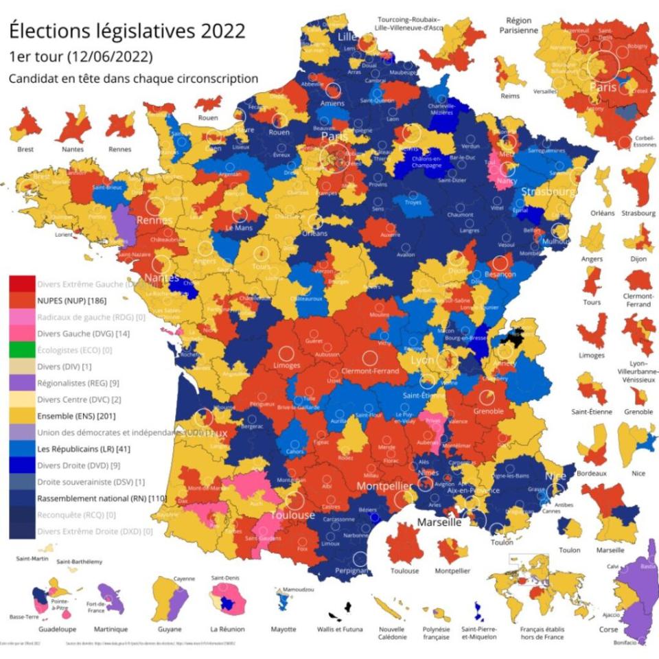 Les résultats par circonscriptions au premier tour des élections législatives en 2022. // Source : Data.gouv