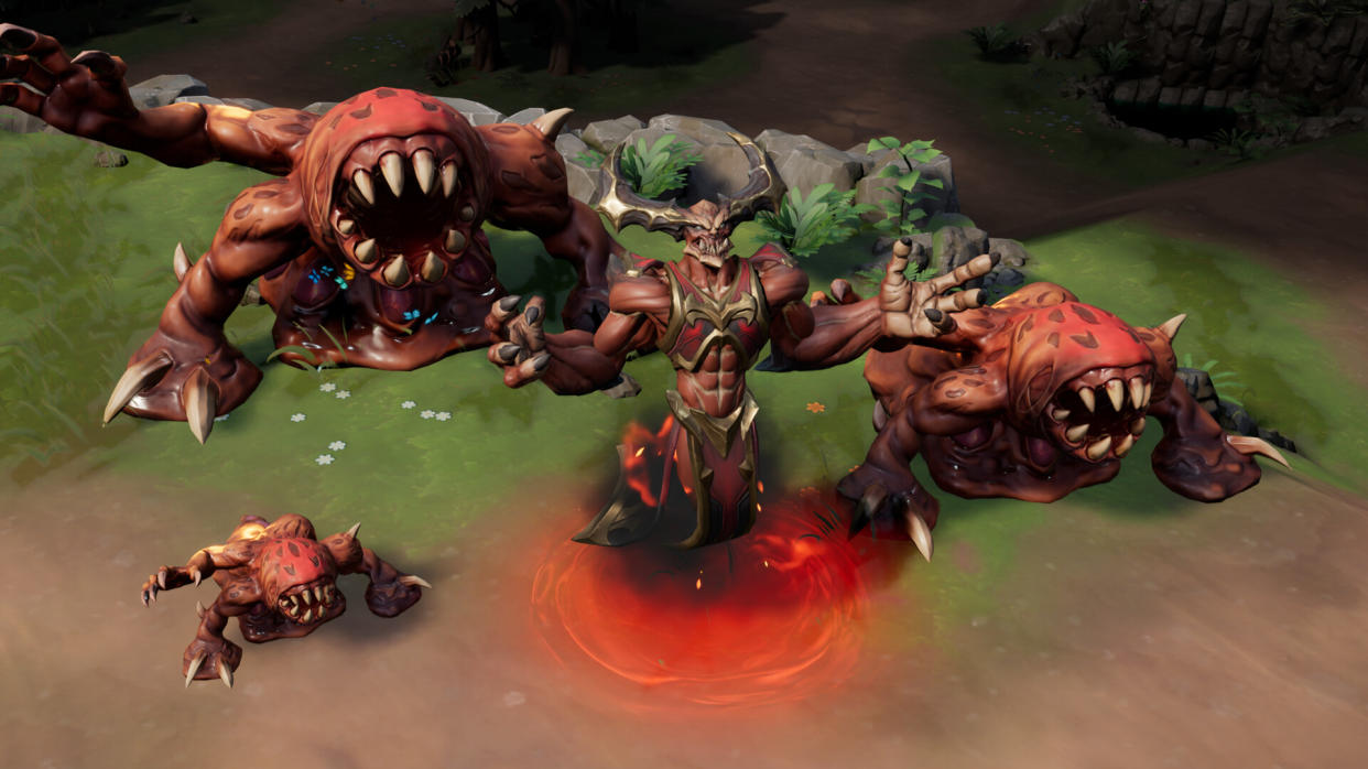  Stormgate screenshot - a demon surrounding by three toothy-faced underlings. 