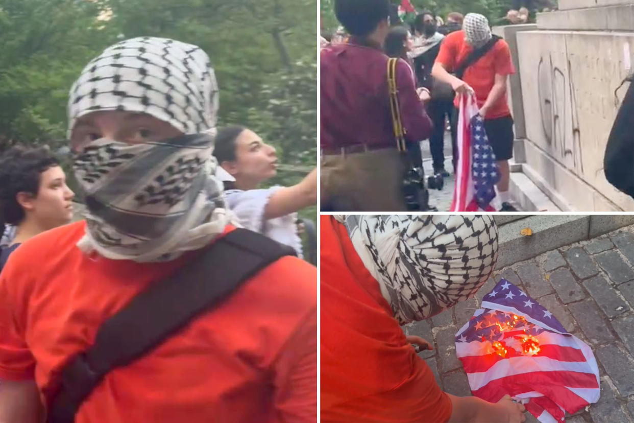 composite image: left protester in red shirt with black bag across their chest with their face covered; upper right protester holding the american flag; lower right the flag burning on the ground while the protester stands over it