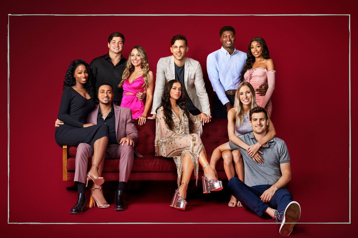  The Ultimatum season 2 cast sat on a red sofa 