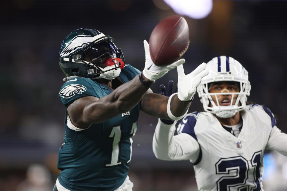 Philadelphia Eagles wide receiver A.J. Brown (11) cannot catch a pass in the first quarter against the Dallas Cowboys at AT&T Stadium on Dec. 10, 2023, in Arlington, Texas.