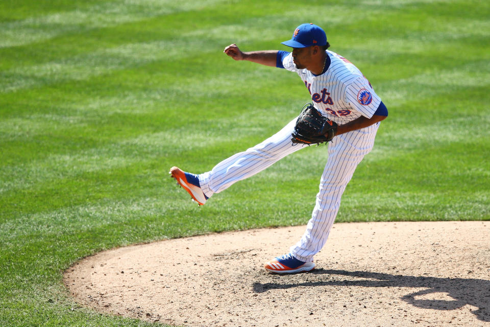 NEW YORK, NEW YORK - AUGUST 09: Edwin Diaz #39 of the New York Mets in action against the Miami Marlins at Citi Field on August 09, 2020 in New York City. New York Mets defeated the Miami Marlins 4-2. (Photo by Mike Stobe/Getty Images)