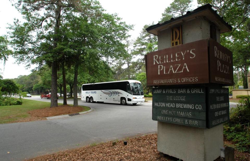 A shuttle bus rolls past Reilley’s Plaza -- known to locals as the “Barmuda Triangle” -- just past the Sea Pines gate in 2015.