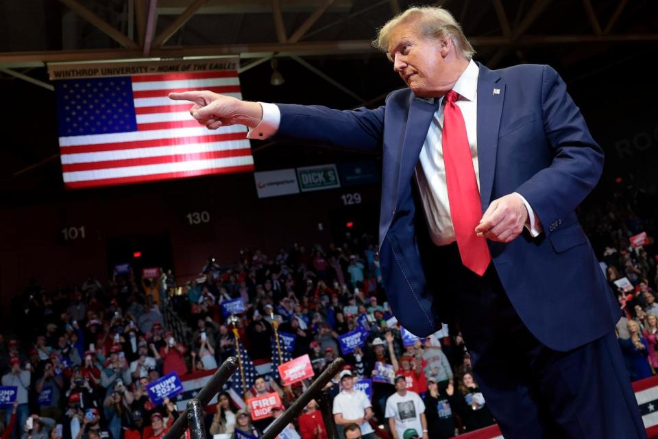 PHOTO: Republican presidential candidate and former President Donald Trump gestures to supporters, Feb. 23, 2024, in Rock Hill, S.C. (Win Mcnamee/Getty Images)