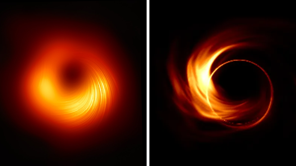 Links ist ein wirbelndes orangefarbenes Donut-förmiges Objekt zu sehen und rechts eine ähnliche Szene, jedoch spärlicher und gesprächiger.