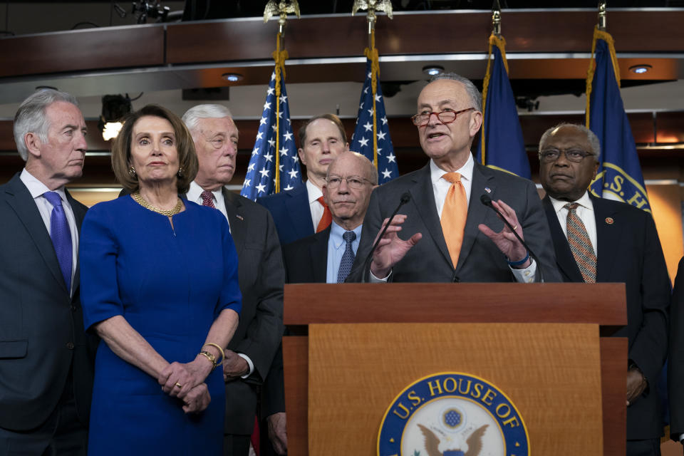 Speaker of the House Nancy Pelosi, D-Calif., left, Senate Minority Leader Chuck Schumer, D-N.Y., center, and other congressional leaders, react to a failed meeting with President Donald Trump at the White House on infrastructure, at the Capitol in Washington, Wednesday, May 22, 2019. From left are House Ways and Means Committee Chairman Richard Neal, D-Mass., Speaker Pelosi, House Majority Leader Steny Hoyer, D-Md., Sen. Ron Wyden, D-Ore., House Transportation and Infrastructure Committee Chair Peter DeFazio, D-Ore., Schumer, and House Majority Whip James E. Clyburn, D-S.C. (AP Photo/J. Scott Applewhite)