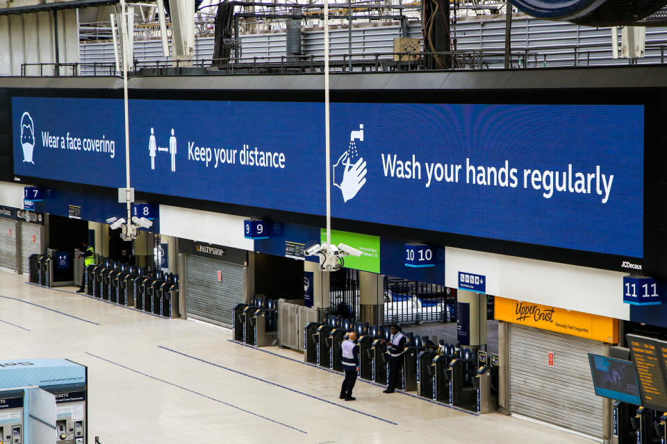 LONDON, UNITED KINGDOM - 2020/06/05: Wear a face covering. Keep your distance. Wash your hands regularly is displayed on a Coronavirus public information campaign poster at London Waterloo Station. (Photo by Dinendra Haria/SOPA Images/LightRocket via Getty Images)