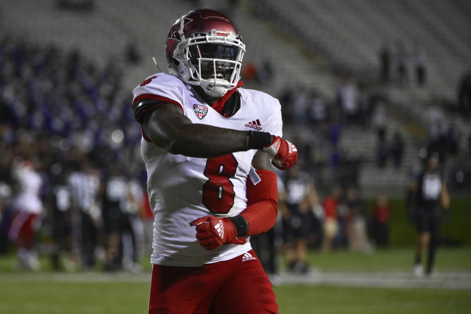 Miami (Ohio) running back Kevin Davis celebrates after the team's NCAA college football game against Northwestern, Saturday, Sept. 24, 2022, in Evanston, Ill. (AP Photo/Matt Marton)