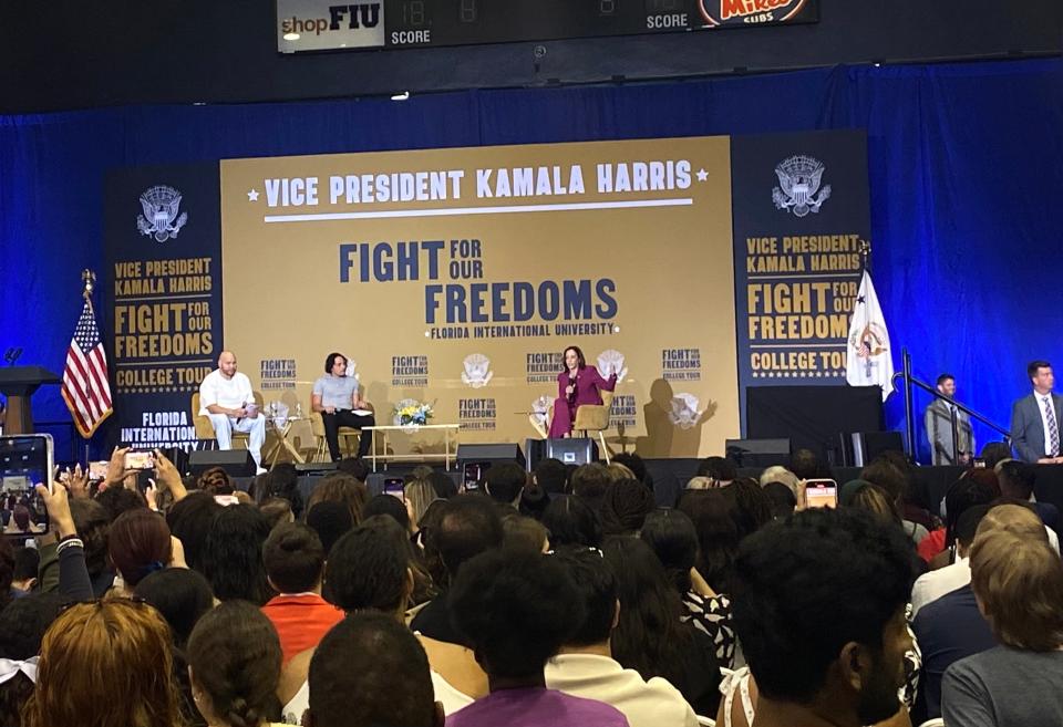 Vice President Kamala Harris addresses students at Florida International University Sept. 28 to speak about issues pivotal to the president’s campaign to young voters — abortion, gun control and the climate crisis.