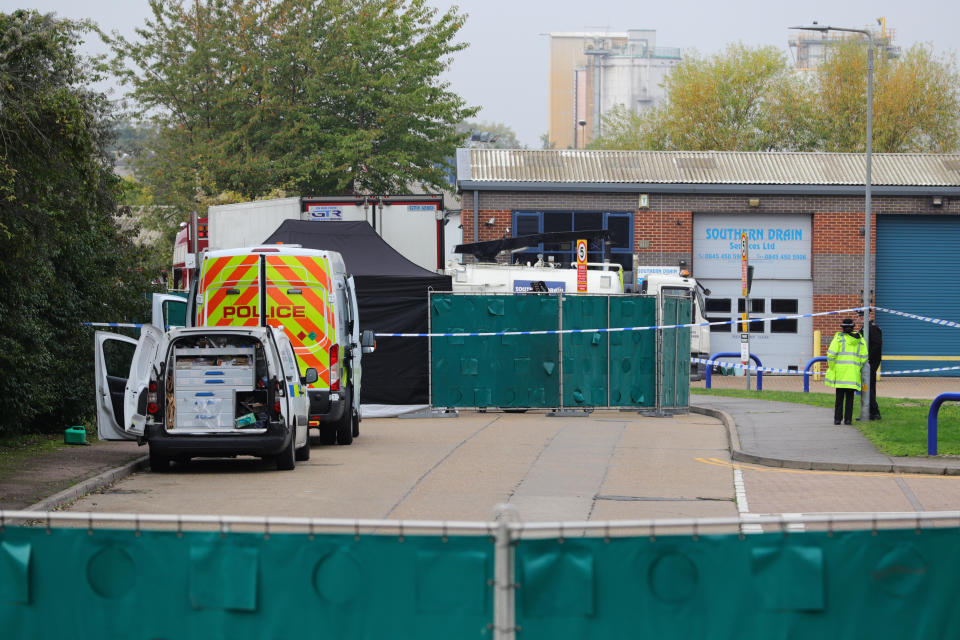 Police activity at the Waterglade Industrial Park in Grays, Essex, after 39 bodies were found inside a lorry container on the industrial estate.