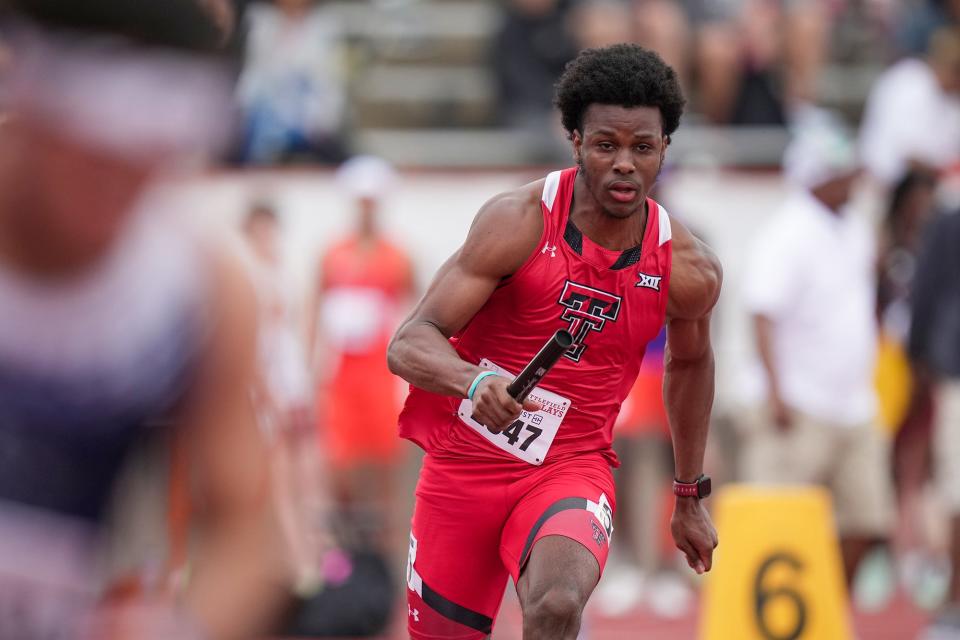 Texas Tech Terrence Jones during the 4x100 meter race during the 95th Clyde Littlefield Texas Relays held at Mike A. Myers Stadium on Friday, March 31, 2023, in Austin, Texas.