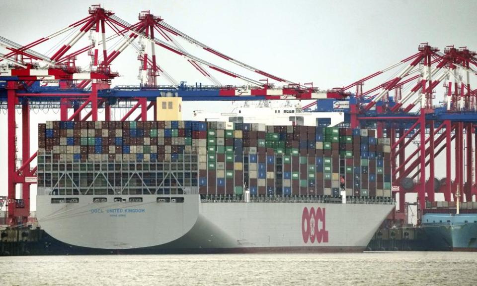 A container vessel is anchored at the ‘Jade Weserport’ container terminal in Wilhelmshaven, Germany, last month.