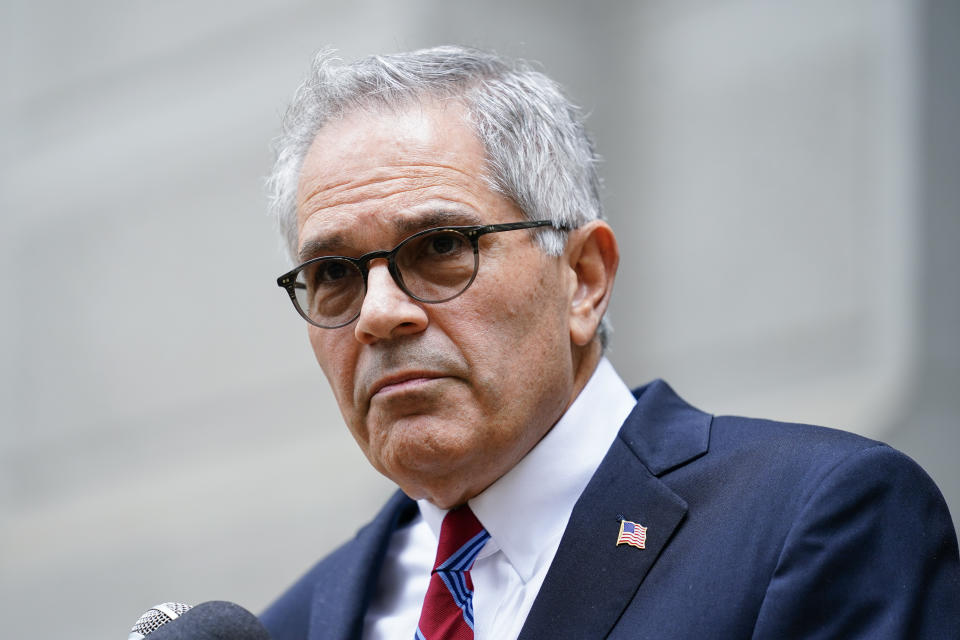 FILE - Philadelphia District Attorney Larry Krasner speaks with members of the media during a news conference in Philadelphia on Oct. 13, 2022. Pennsylvania Republicans are trying to remove Krasner, part of a nationwide GOP effort to discipline and remove prosecutors. (AP Photo/Matt Rourke, File)