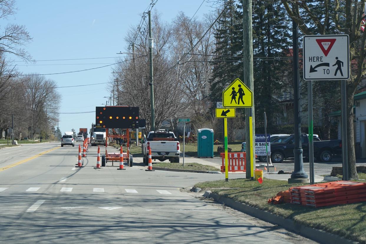 The eastbound side of East Michigan Avenue (U.S. 12) in Clinton is pictured March 30. The outside eastbound lane is closed from Currier Street to Kathy Drive during the installation of a new water main.