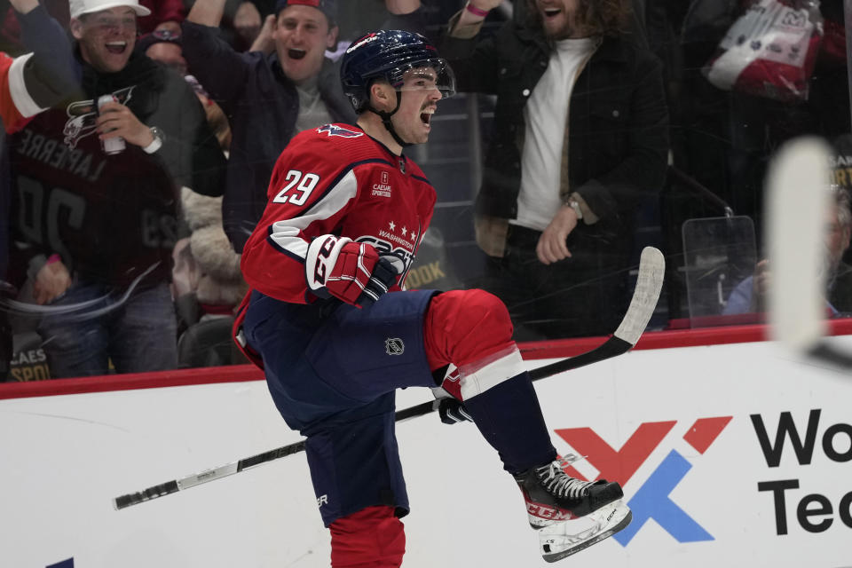 Washington Capitals center Hendrix Lapierre (29) celebrates a goal during the third period of an NHL hockey game against the Columbus Blue Jackets in Washington, Saturday, Nov. 18, 2023. The Capitals beat the Blue Jackets, 4-3. (AP Photo/Susan Walsh)