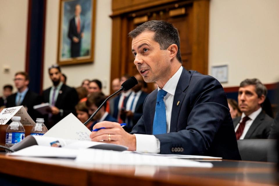 PHOTO: Secretary of Transportation Pete Buttigieg testifies before the House Transportation and Infrastructure Committee, June 27, 2024, at the U.S. Capitol in Washington. (Samuel Corum/Getty Images)