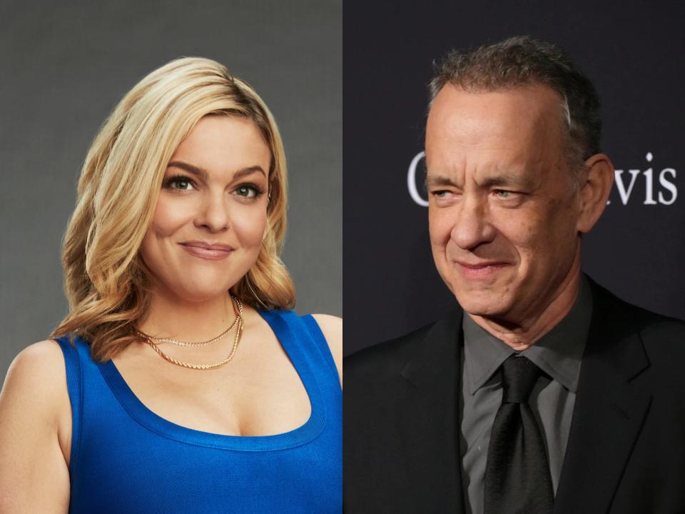left: carly reeves, a young blonde woman; right: tom hanks, in a black suit and grey shirt