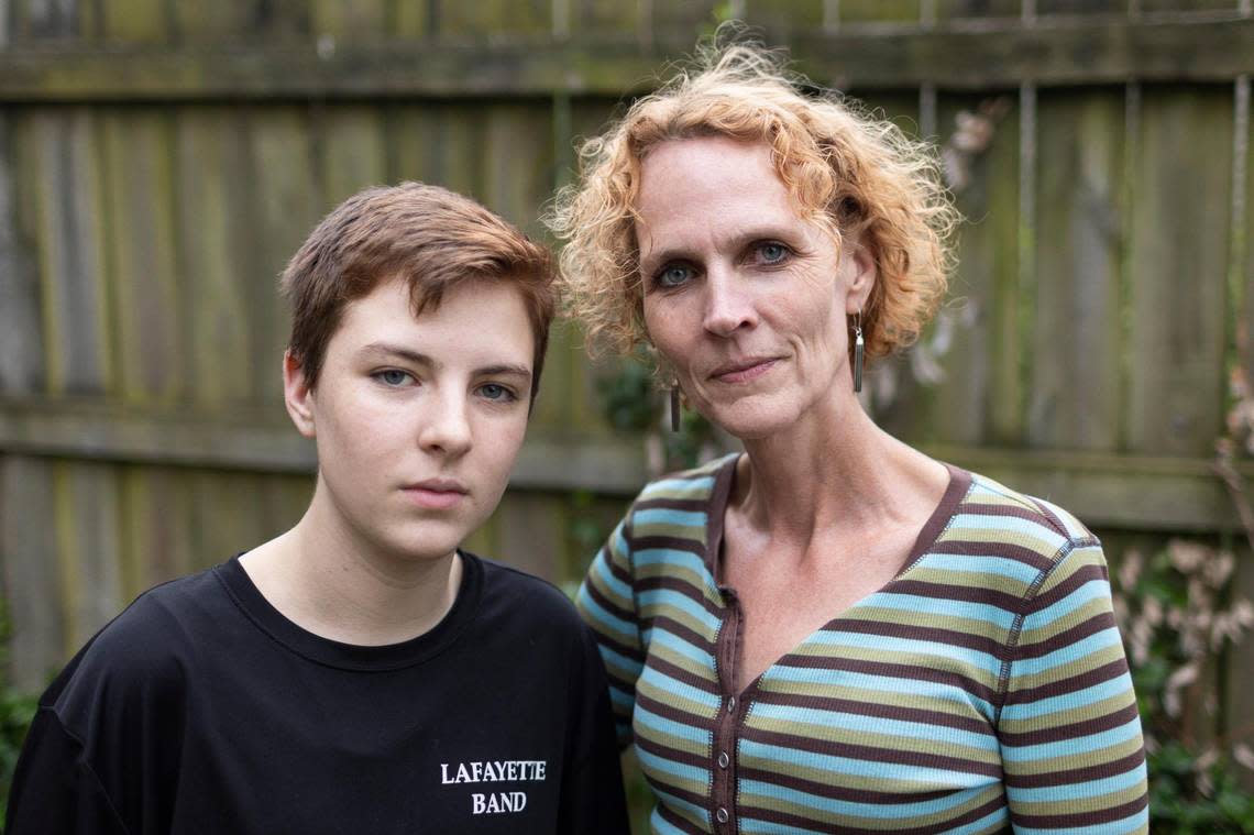 Kelly Bolte and her trans son, Henry Svec, 13, at their home in Lexington, Ky., Tuesday, May 2, 2023. They are concerned about the new law that passed out of the Legislature this session banning gender-affirming care for trans youth.