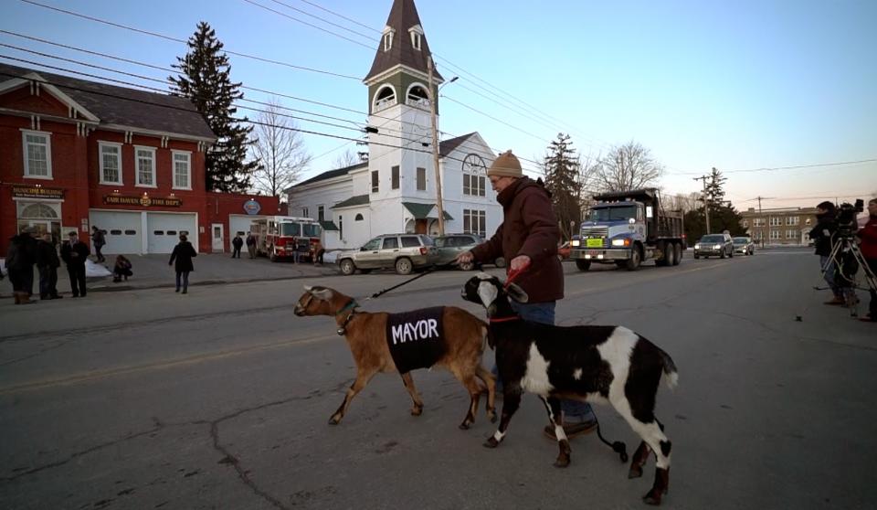 Chris Stanton leads Lincoln, a 3-year-old Nubian goat, into the town offices in Fair Haven, Vt., on Tuesday, March 12, 2019, for a swearing-in ceremony. The Mayor-elect goat ran for the special pet election after being nominated by their grandson Sullivan Clark as part of a playground fundraiser.