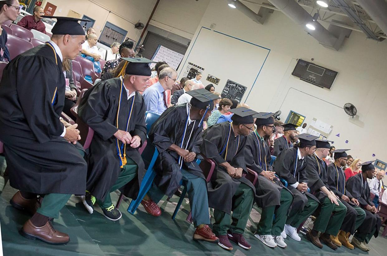 Shawangunk Correctional Facility inmates celebrate graduation day in 2019 after completing a Higher Education for the Justice Involved program offered by SUNY Ulster/Hudson Link.