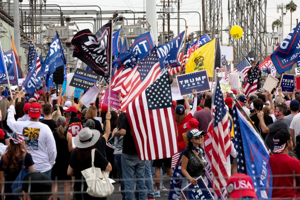 PHOTO: Supporters of President Donald Trump gather to protest the election results at the Maricopa County Elections Department office, Nov. 6, 2020, in Phoenix. (Courtney Pedroza/Getty Images)