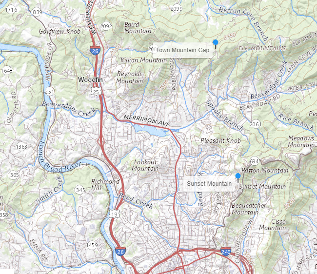 Town Mountain Gap and Sunset Mountain as seen on USGS Board of Geographic Names map.